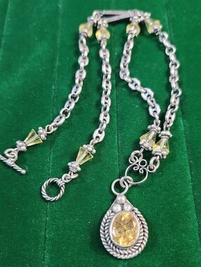 STERLING SILVER Citrine Necklace 1980s Vintage Statement Pendant Rope Chain